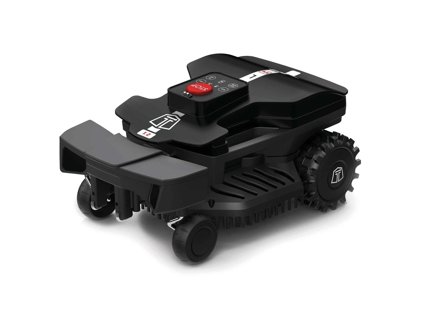Ein schwarzer Mähroboter im Produktfoto-Stil vor weißem Hintergrund. Es handelt sich um ein kompaktes Modell mit robustem Design. Der Roboter hat einen roten STOP-Knopf auf der Oberseite, mehrere Bedienelemente und ein markantes Logo. Er ist mit drei Rädern ausgestattet - zwei große profilierte Antriebsräder hinten und ein kleineres Stützrad vorne. Die Unterseite zeigt Lüftungsschlitze und eine strukturierte Oberfläche.