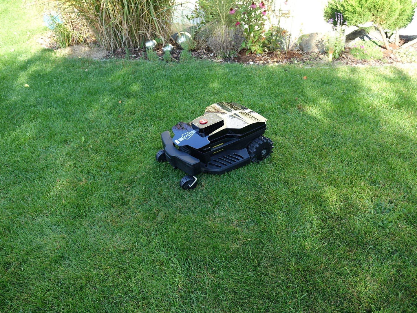 Das Bild zeigt den schwarzen Mähroboter Techline DX25 in einer seitlichen Ansicht von oben, wie er auf einer Wiese steht. Im Hintergrund sind Steine, Büsche und Blumen.