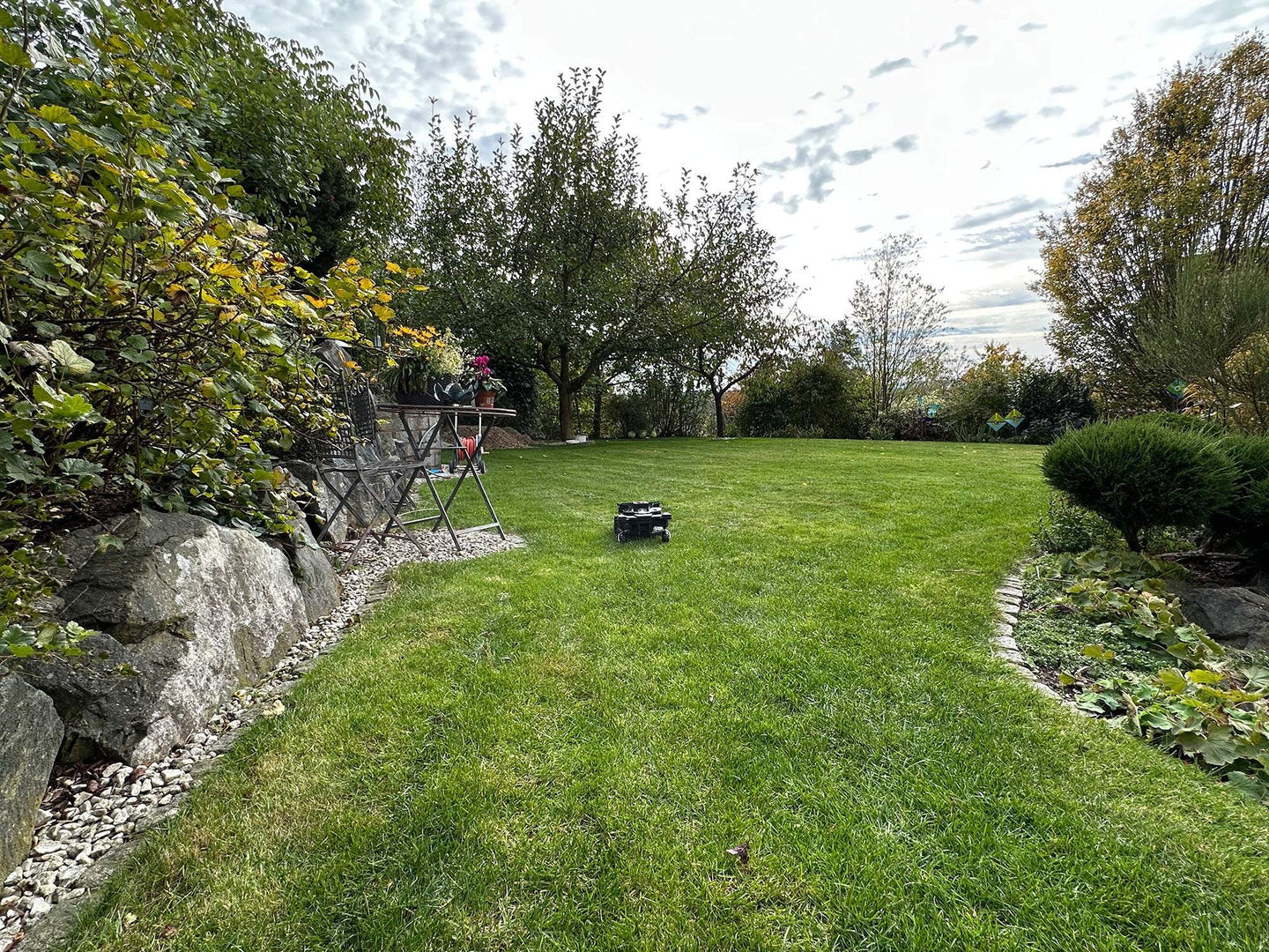 Das Bild zeigt einen schwarzen Techlne NEXT TECH ZR EVO Mähroboter, der in einem sehr gepflegten Privatgarten mit englischem Rasen steht. Der Rasen wird teilweise von Steinen begrenzt.