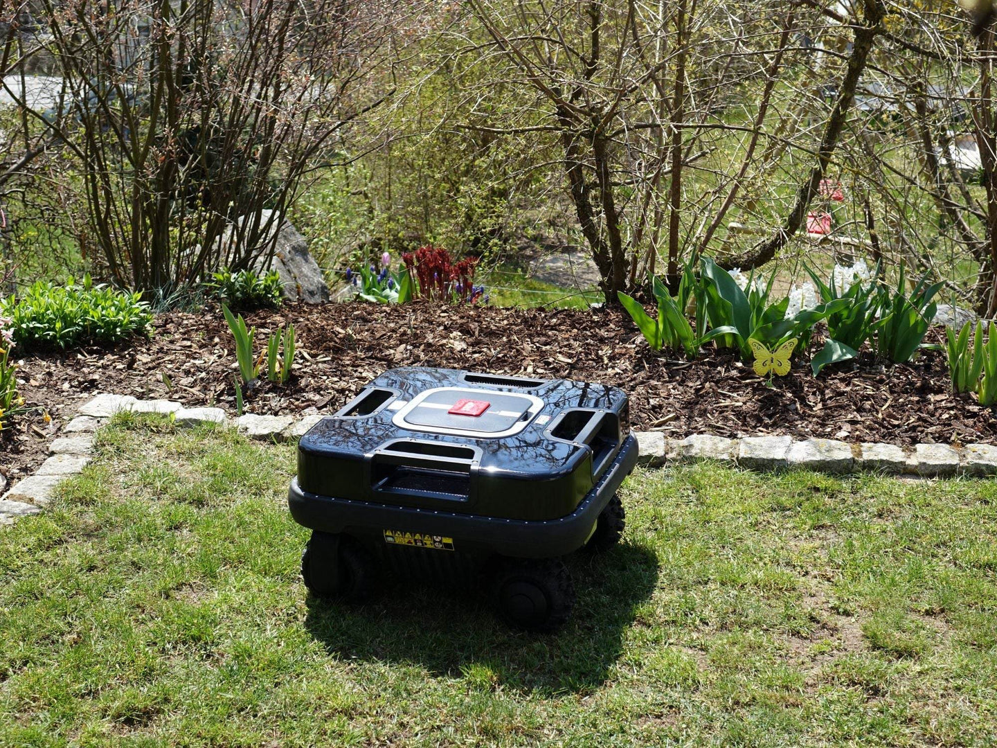 Das Bild zeigt den schwarzen Mähroboter Quadritech in Vogelperspektive. Im Hintergrund sind Blumen und eine kleine Steinsperre.