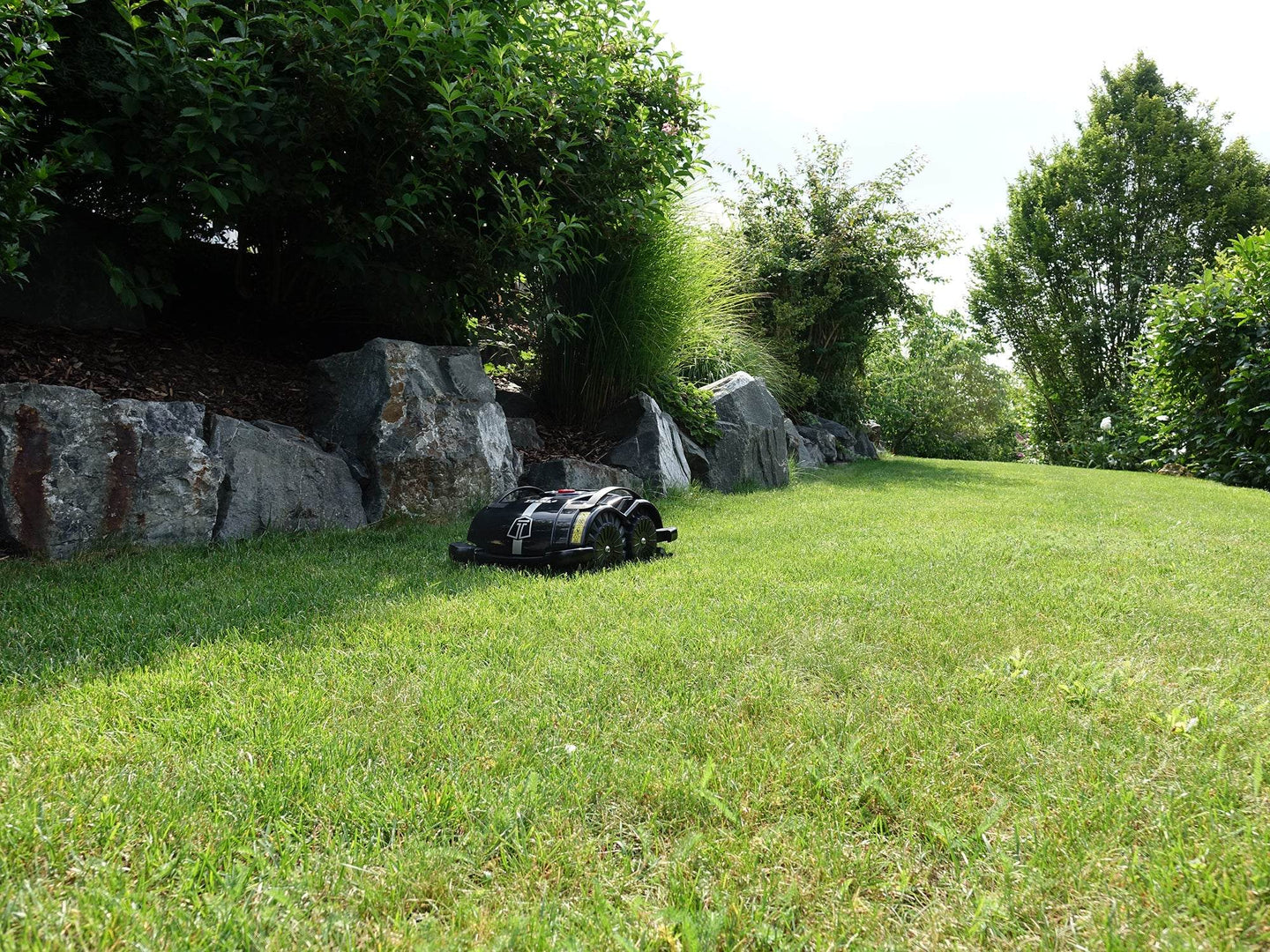 Das Bild zeigt den schwarzen Mähroboter Techline S6, der gerade einen Abhang hinunterfährt.
Im Hintergrund sind Büsche und eine Steindekoration zu sehen, die eine natürliche und gepflegte Gartenatmosphäre schaffen.
