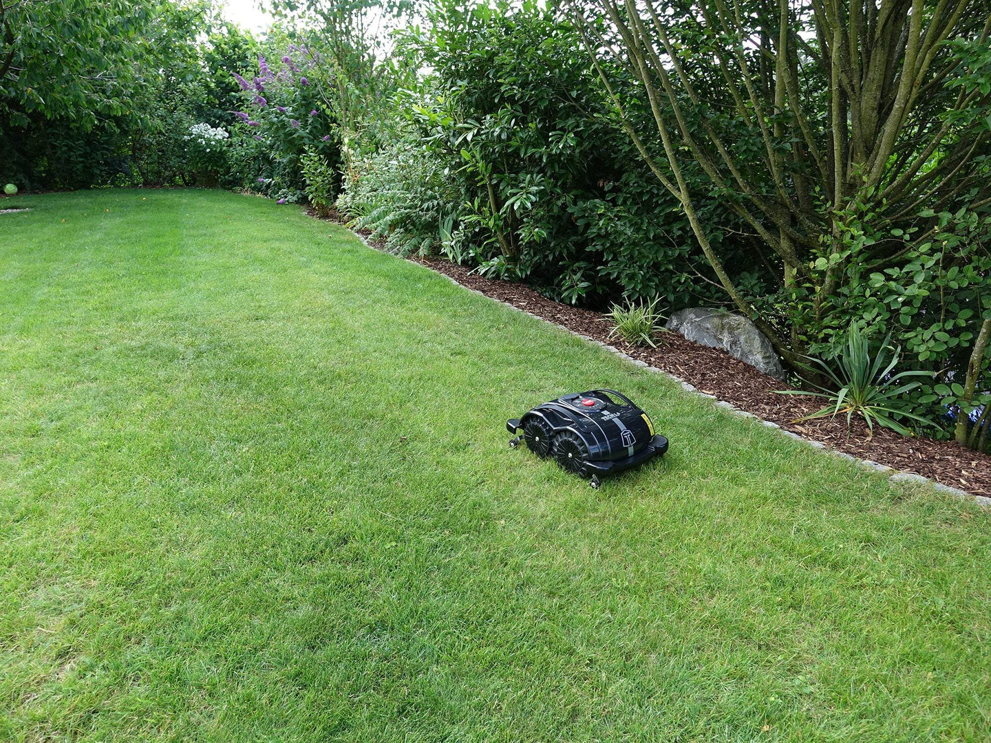 Das Bild zeigt den schwarzen Mähroboter Techline S6, der seine Bahnen auf einer Gartenwiese zieht. Im Hintergrund sind Bäume, Büsche und Rindenmulch zu sehen, die eine natürliche und gepflegte Gartenatmosphäre schaffen. Die Aufnahme unterstreicht die Präzision und Effizienz des Mähroboters bei der Pflege der Rasenfläche.