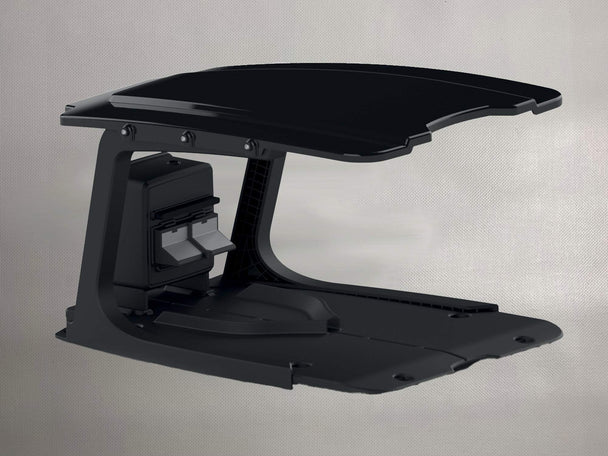 Auf diesem Bild ist die Mähroboter-Garage – eine schwarze Abdeckung für die Next X2-Serie – deutlich zu erkennen.