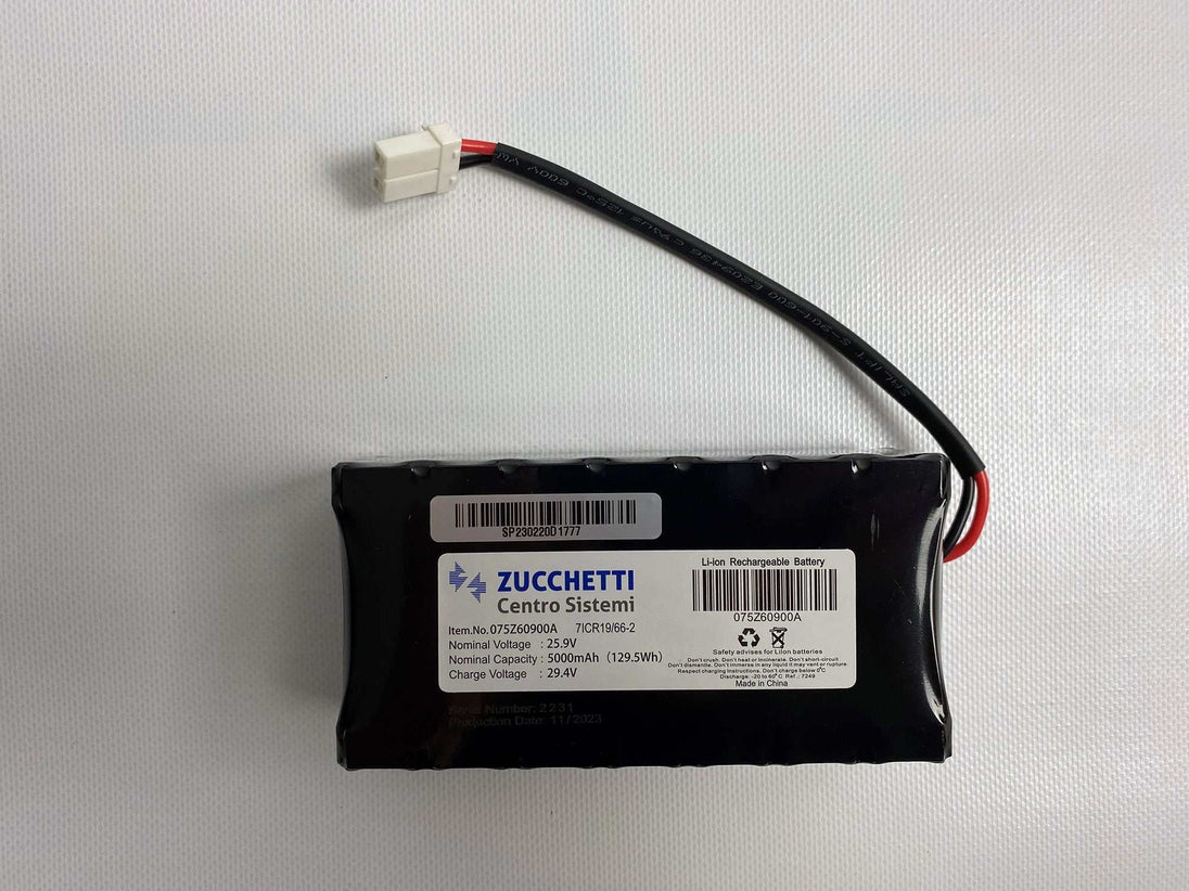 Auf diesem Bild ist der Lithium-Ionen-Akku mit 25,9 V und 5,0 Ah ohne Gehäuse für die Modelle Next Tech SX2, LX2ZR, X2.5, X2.9 und Q deutlich zu erkennen.