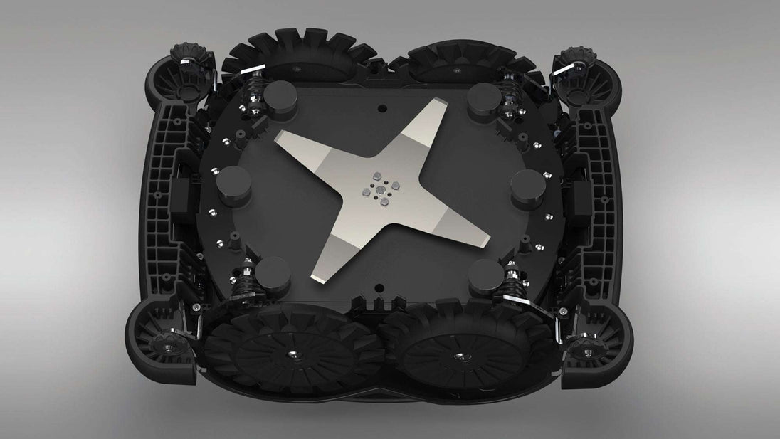 Das Bild zeigt den schwarzen Mähroboter Techline S6 von unten.
Hier gut zu erkennen das 4 Stern Messer.