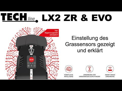 Das Bild zeigt den schwarzen Mähroboter LX2 ZR & EVO auf weißen Hintergrund, mit roten Datenströmen.
Das Video erklärt, Einstellung des Grassensors.