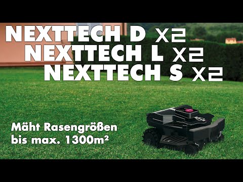 Das Bild zeigt den schwarzen Mähroboter NEXT TECH Modelle, auf einer Grünfläche "Wiese".
Im Hintergrund ein Gebüsch.