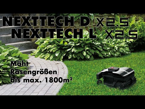 Das Bild zeigt den schwarzen Mähroboter NEXTTECH auf einer Grünfläche "Wiese"