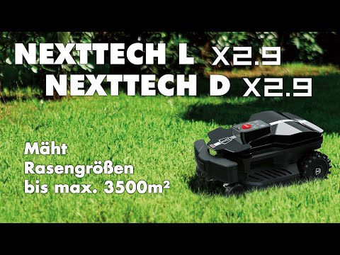 Das Bild zeigt den schwarzen Mähroboter NEXTTECH Modelle auf einer Grünfläche "Wiese".